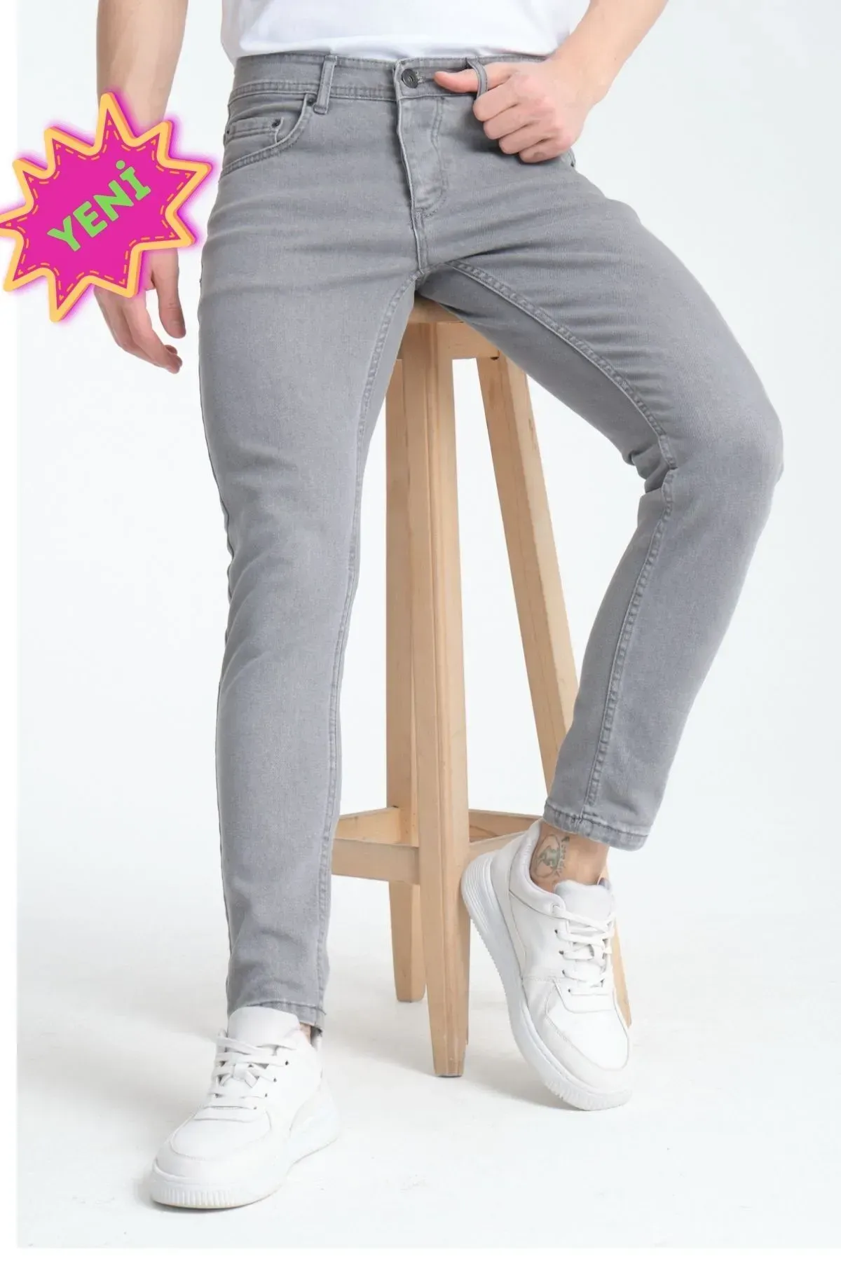 Erkek Kot Pantolon Gri Düz Skinny Fit Jeans