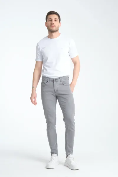 Erkek Gri Düz Skinny Fit Jeans