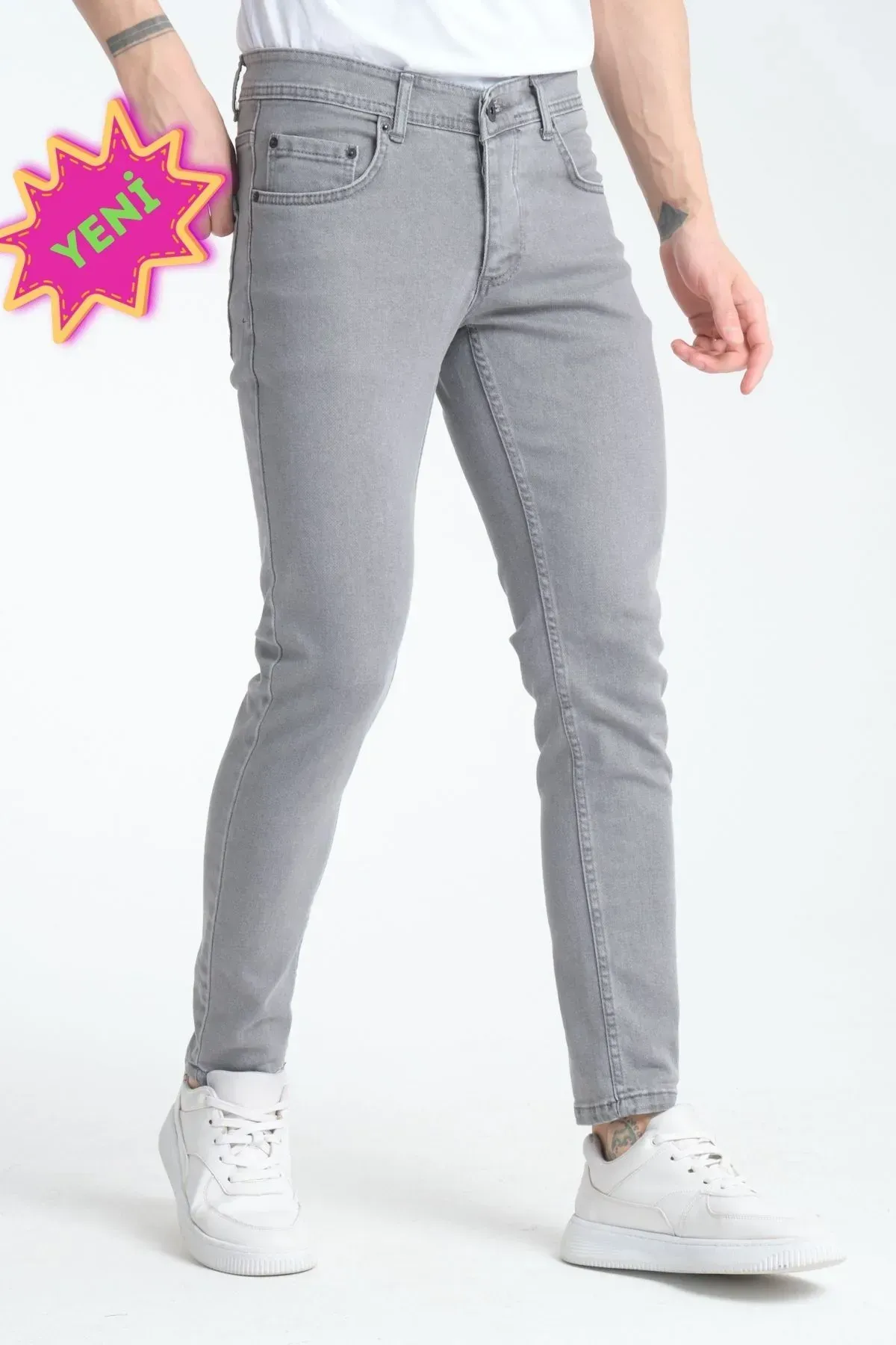 Erkek Gri Düz Skinny Fit Jeans