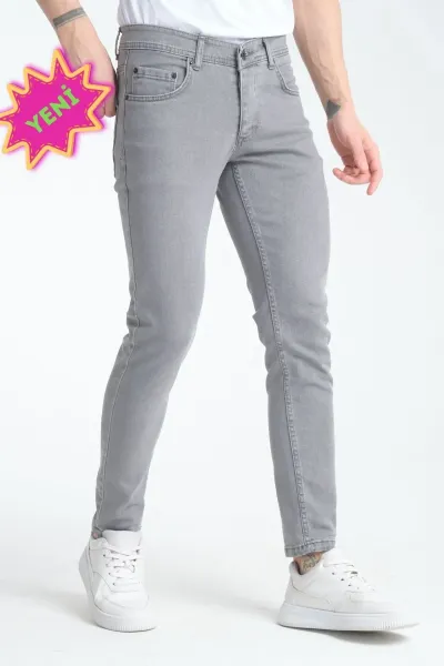 Erkek Gri Düz Skinny Fit Jeans