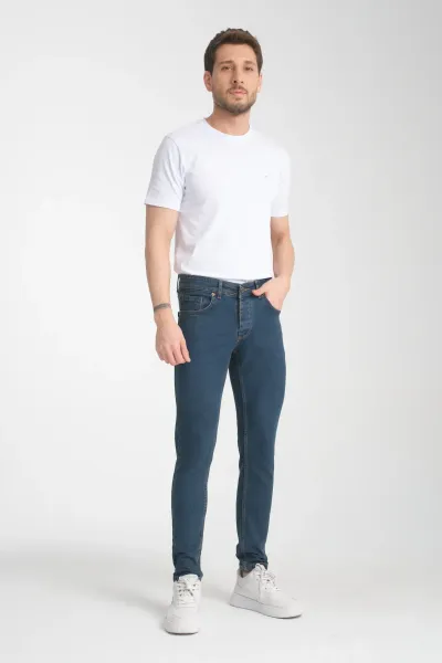 Erkek Mavi-kahve Düz Skinny Fit Jeans