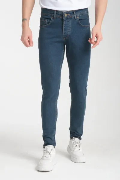 Erkek Mavi-kahve Düz Skinny Fit Jeans
