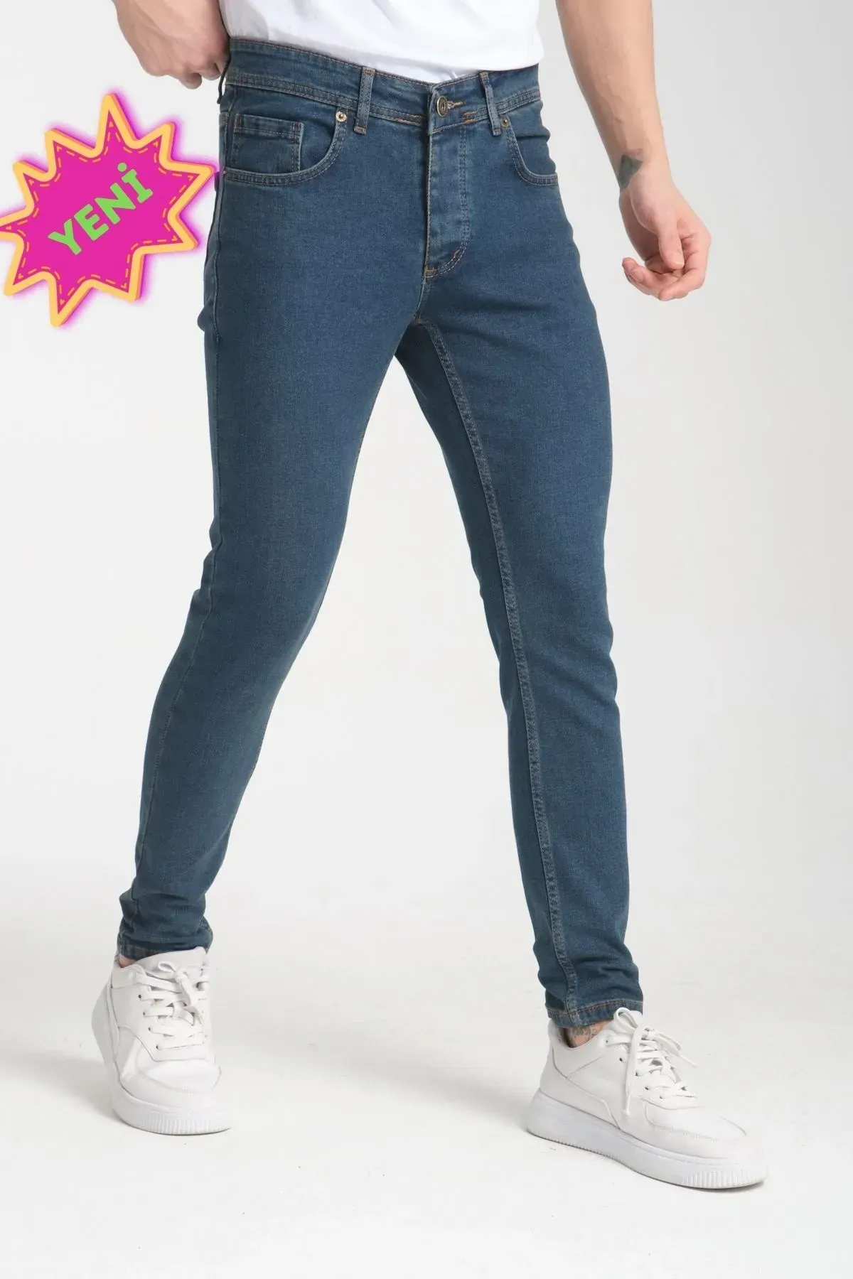 Erkek Mavi-kahve Düz Skinny Fit Jeans