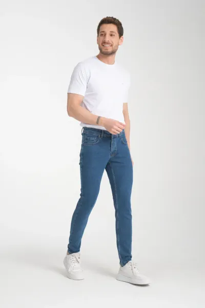 Erkek Kot Pantolon Mavi Düz Skinny Fit Jeans