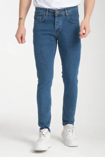 Erkek Kot Pantolon Mavi Düz Skinny Fit Jeans