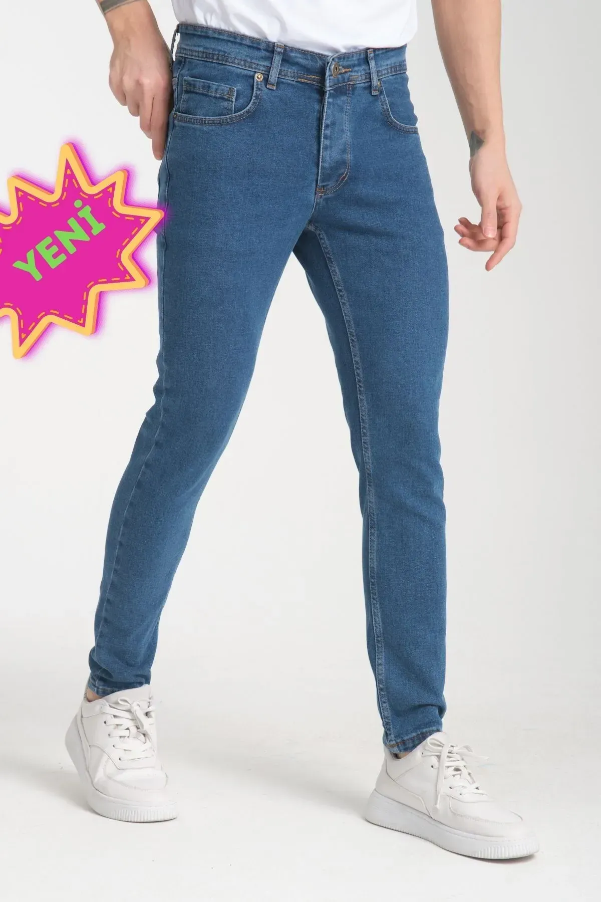 Erkek Kot Pantolon Mavi Düz Skinny Fit Jeans