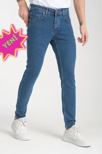 Erkek Kot Pantolon Mavi Düz Skinny Fit Jeans 38