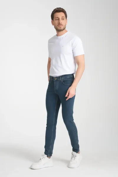 Erkek Kot Pantolon Mavi-kahve Düz Skinny Fit Jeans