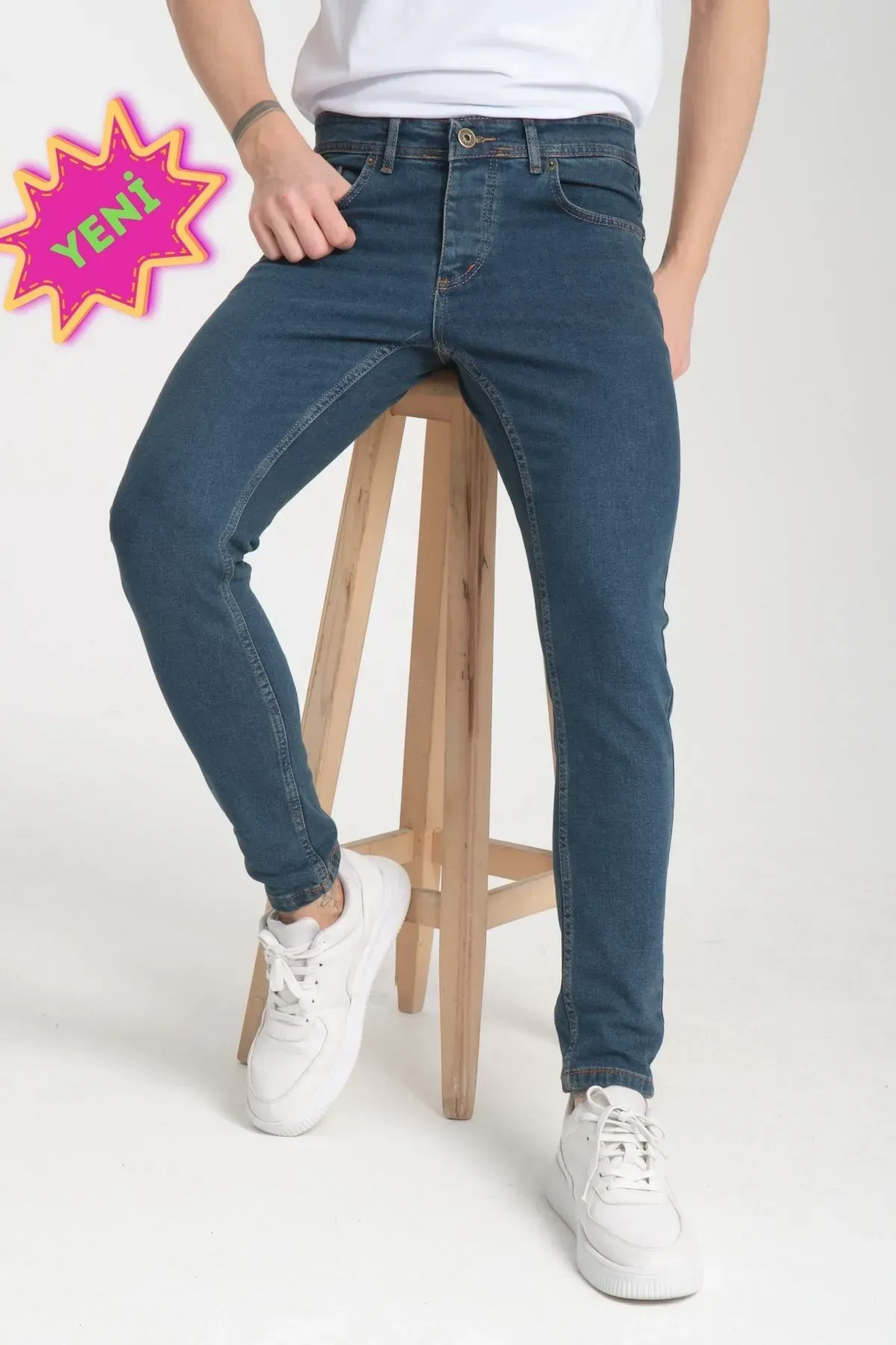 Erkek Kot Pantolon Mavi-kahve Düz Skinny Fit Jeans