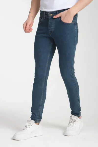 Erkek Kot Pantolon Mavi-kahve Düz Skinny Fit Jeans 32