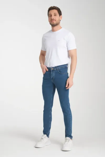 Erkek Mavi Düz Skinny Fit Pantolon