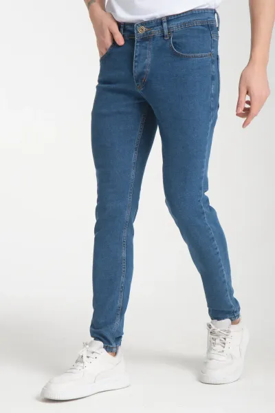 Erkek Mavi Düz Skinny Fit Pantolon