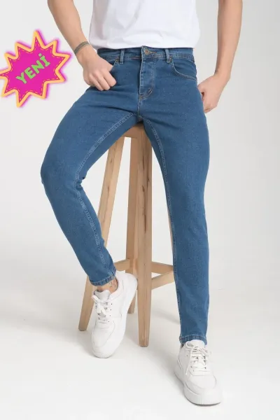 Erkek Mavi Düz Skinny Fit Pantolon