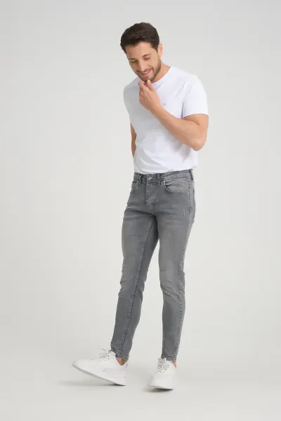 Erkek Skinny Fit Düğmeli Koyu Kar Yıkama Jeans
