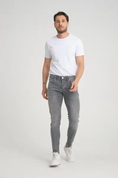 Erkek Skinny Fit Düğmeli Koyu Kar Yıkama Jeans