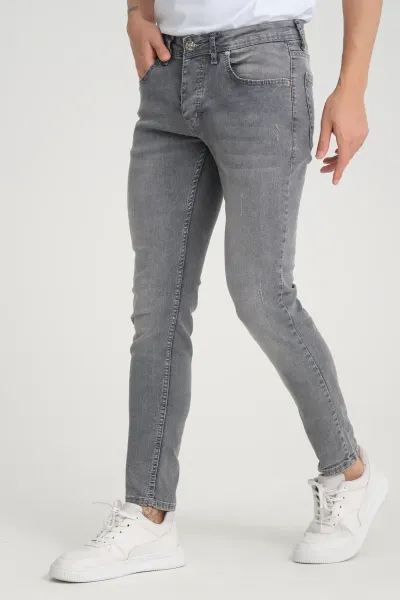Erkek Skinny Fit Düğmeli Koyu Kar Yıkama Jeans