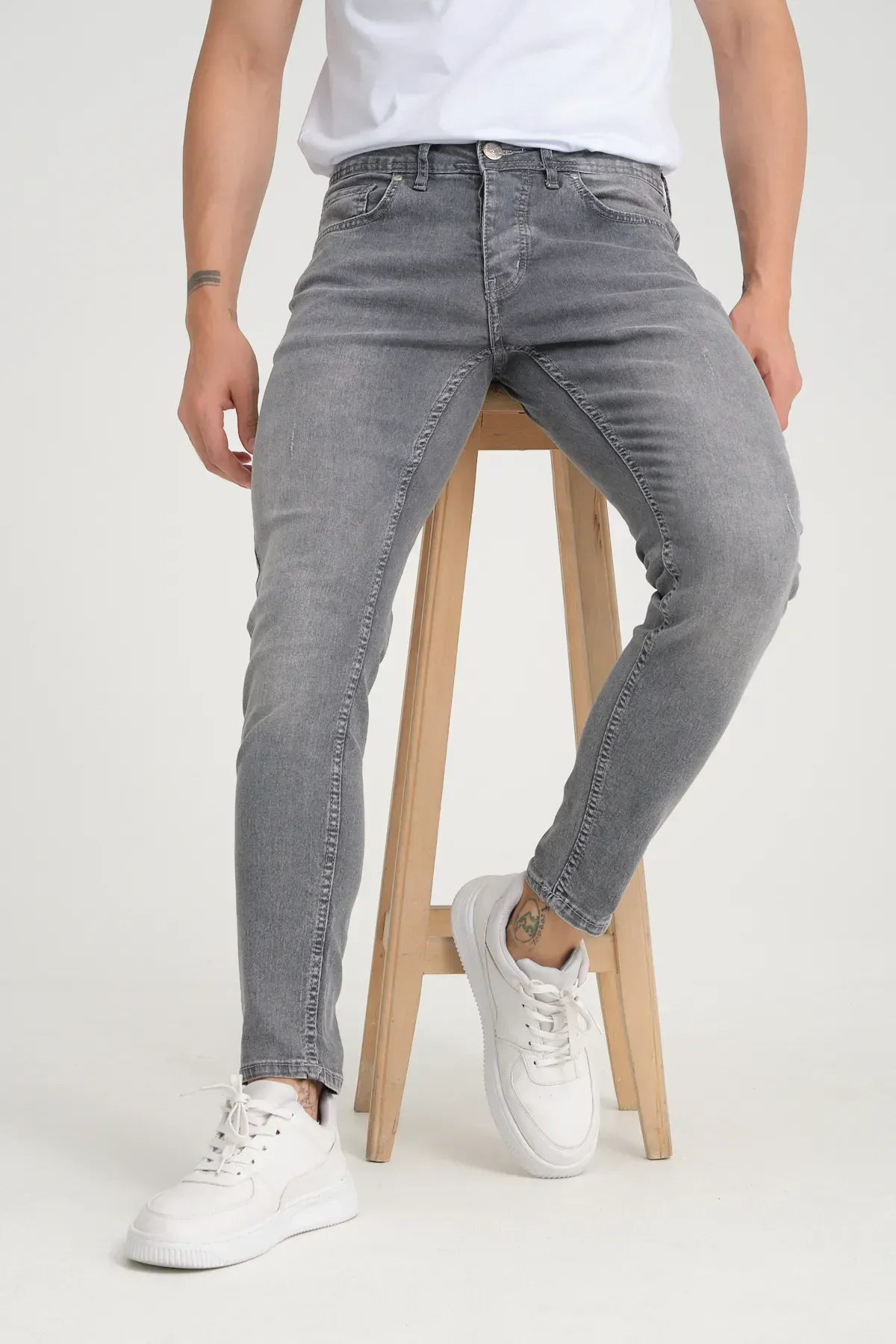 Erkek Skinny Fit Düğmeli Koyu Kar Yıkama Jeans