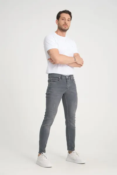 Erkek Kot Pantolon Koyu Kar Yıkama Gri Skinny Fit Tırnaklı Jeans