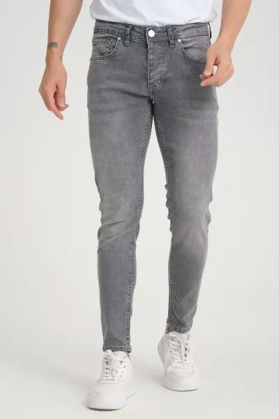 Erkek Kot Pantolon Koyu Kar Yıkama Gri Skinny Fit Tırnaklı Jeans