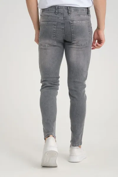 Erkek Kot Pantolon Koyu Kar Yıkama Gri Skinny Fit Tırnaklı Jeans