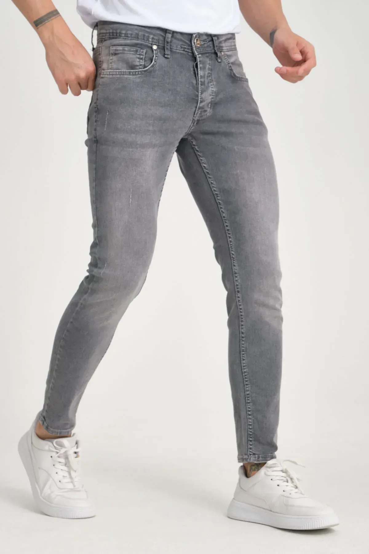 Erkek Kot Pantolon Koyu Kar Yıkama Gri Skinny Fit Tırnaklı Jeans