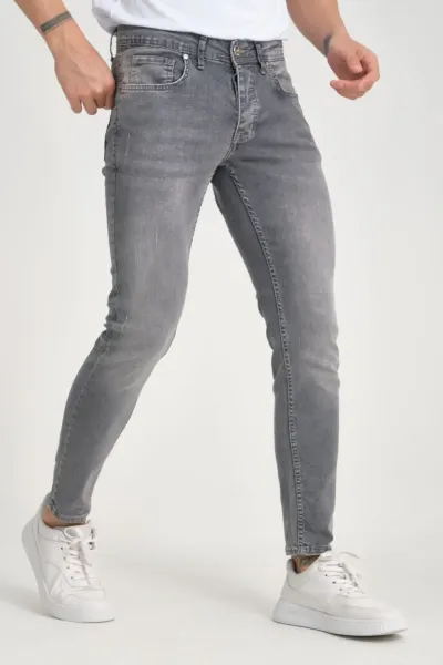 Erkek Koyu Kar Yıkama Gri Skinny Fit Düğmeli Pantolon