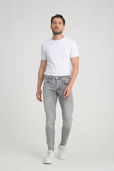 Erkek Kot Pantolon Düğmeli Açık Kar Yıkama Gri Skinny Fit Jeans