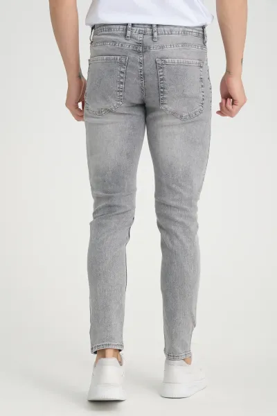 Erkek Kot Pantolon Düğmeli Açık Kar Yıkama Gri Skinny Fit Jeans