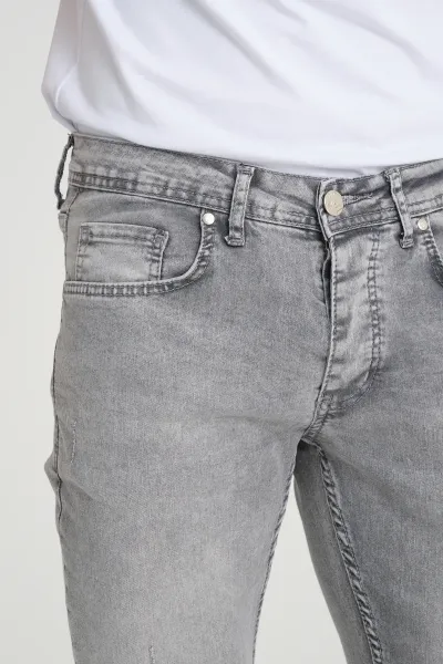 Erkek Kot Pantolon Düğmeli Açık Kar Yıkama Gri Skinny Fit Jeans