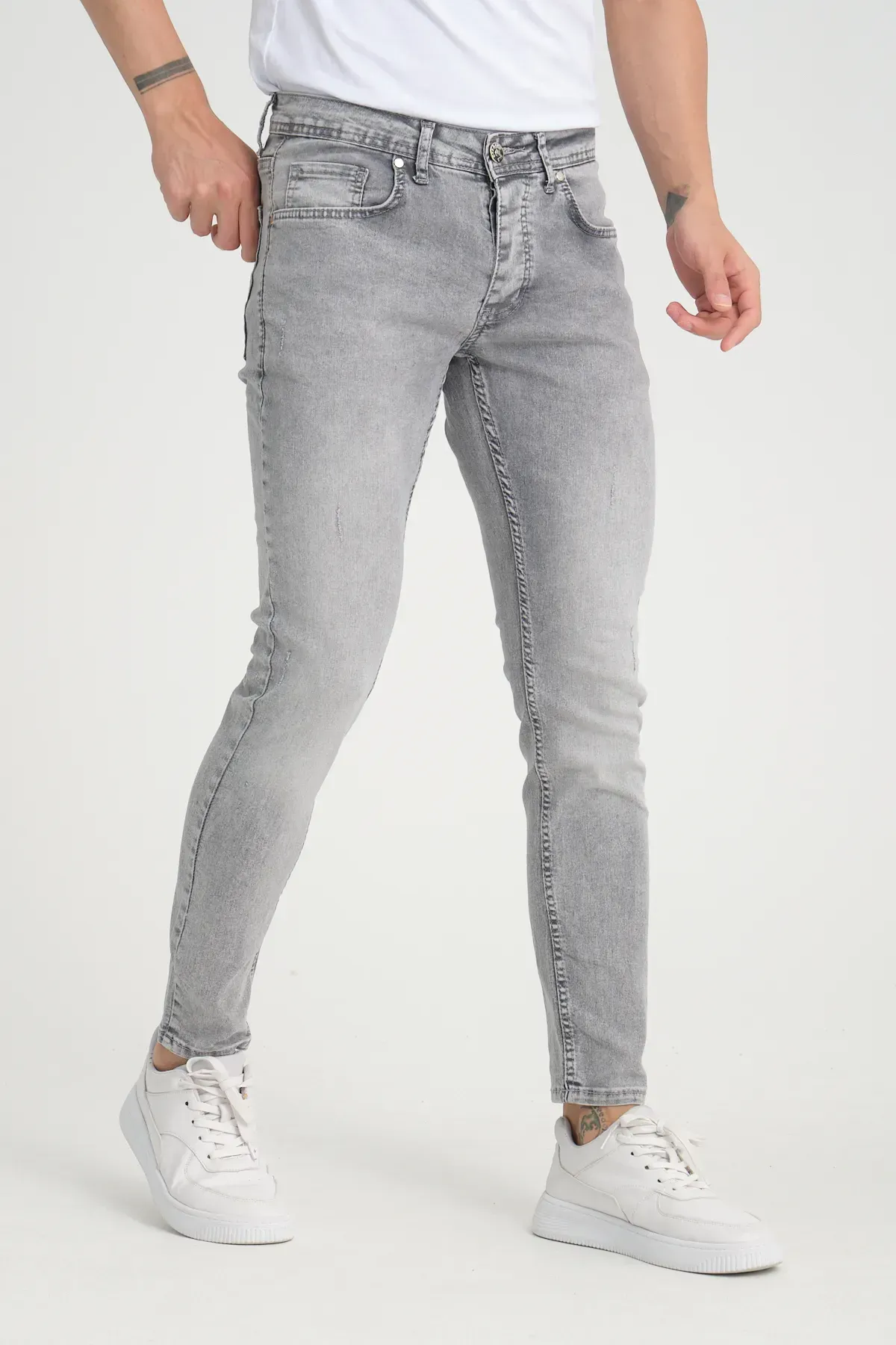 Erkek Kot Pantolon Düğmeli Açık Kar Yıkama Gri Skinny Fit Jeans
