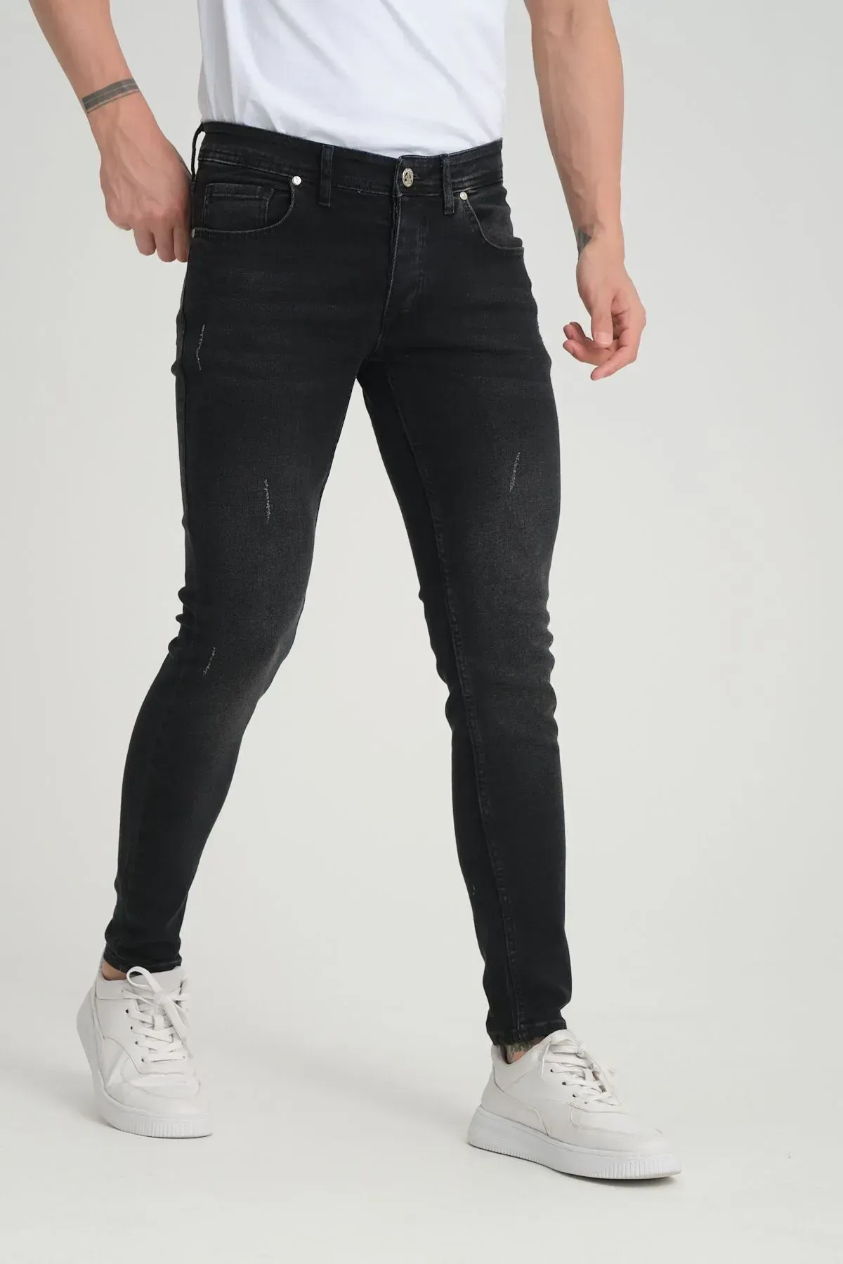 Erkek Düğmeli Destroy Skinny Fit Antrasit Tırnaklı Jeans