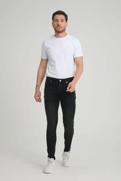 Erkek Kot Pantolon Skinny Fit Antrasit Destroy Jeans