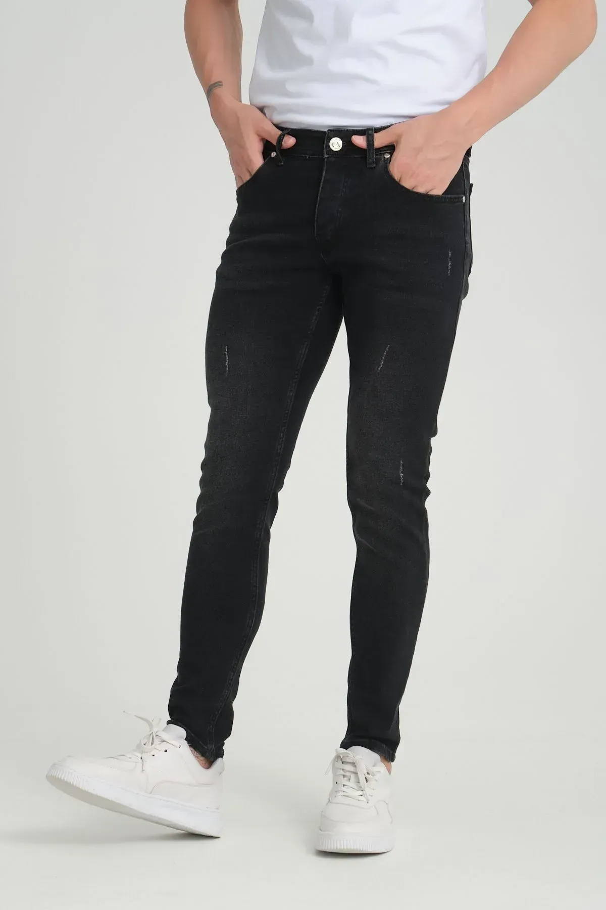 Erkek Kot Pantolon Skinny Fit Antrasit Destroy Jeans