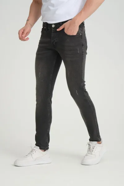 Erkek Skinny Fit  Füme Düğmeli Destroy Tırnaklı Jeans