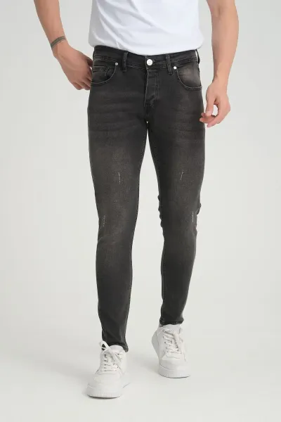 Erkek Skinny Fit  Füme Düğmeli Destroy Tırnaklı Jeans