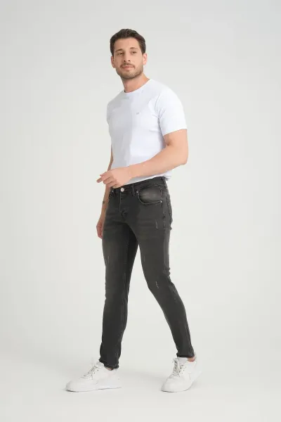 Erkek Skinny Fit  Füme Düğmeli Destroy Tırnaklı Jeans