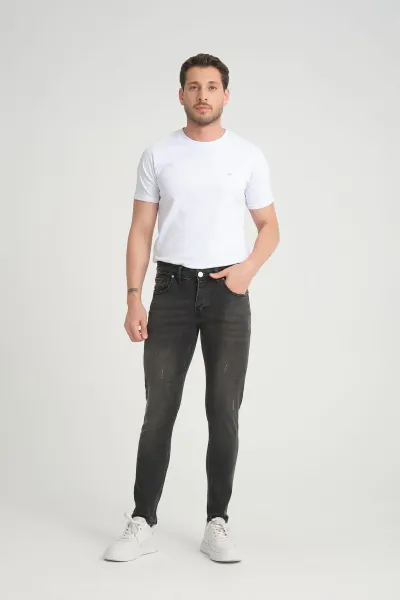 Erkek Jeans Skinny Fit Füme Destroy Pantolon