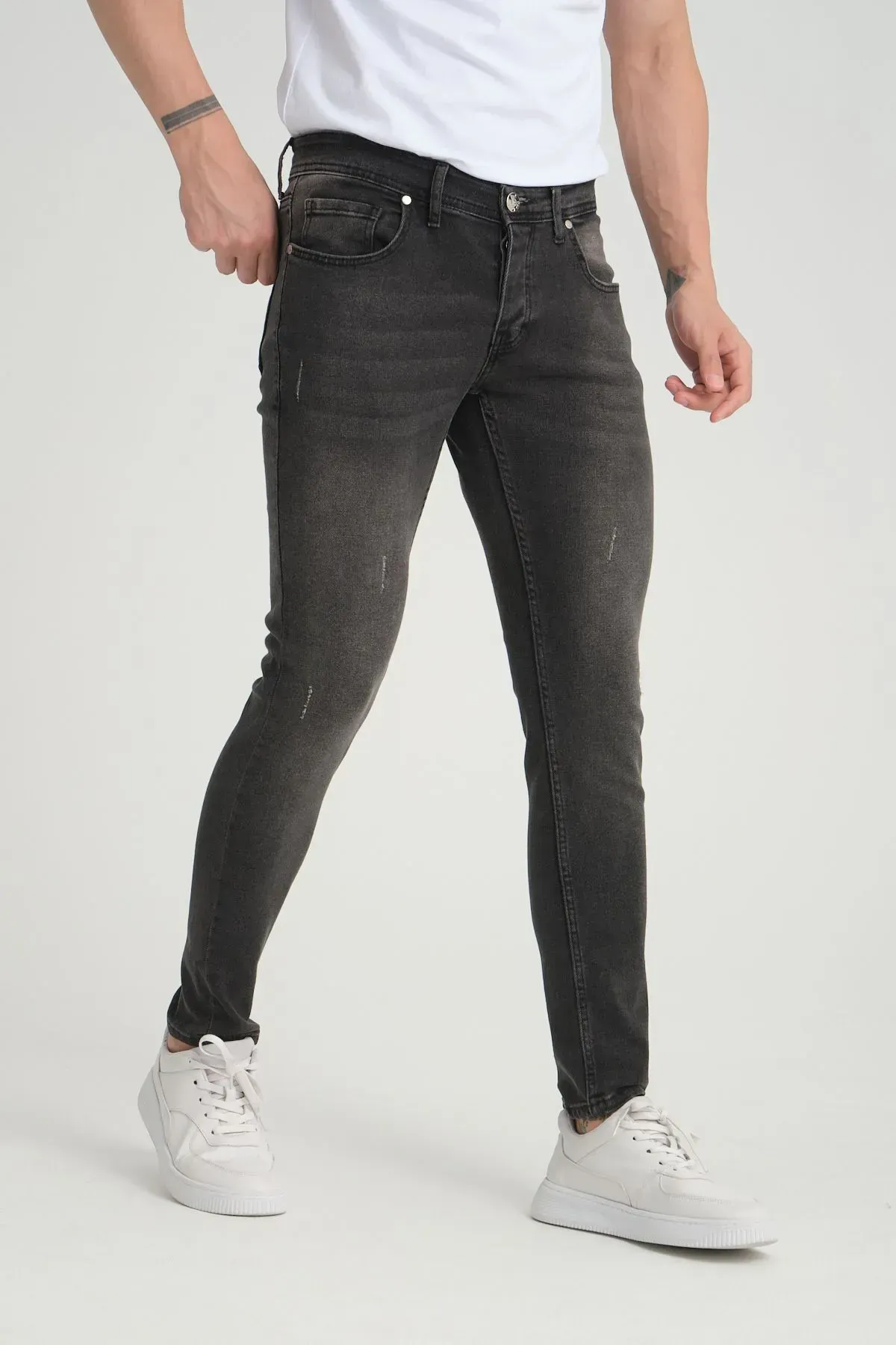 Erkek Jeans Skinny Fit Füme Destroy Pantolon