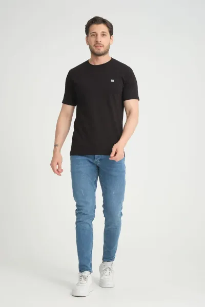 Erkek Siyah Bisiklet Yaka T-Shirt Rahat Kalıp Regular %100 Pamuk 2XL