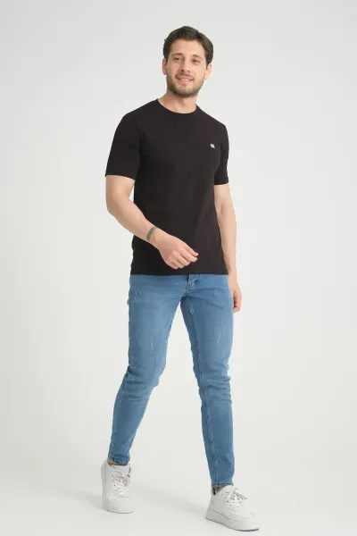 Erkek Siyah Bisiklet Yaka T-Shirt Rahat Kalıp Regular %100 Pamuk 2XL