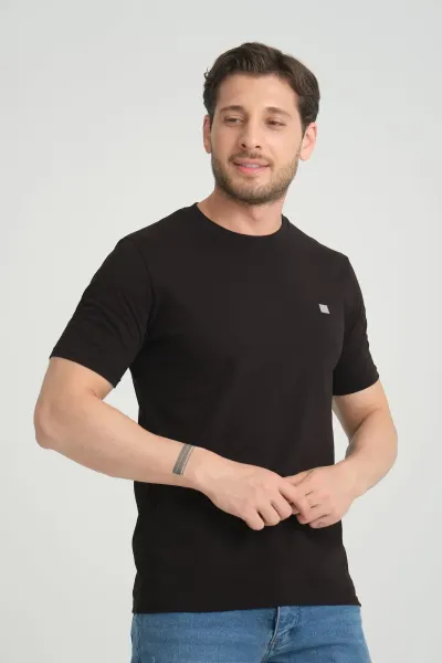 Erkek Siyah Bisiklet Yaka T-Shirt Rahat Kalıp Regular %100 Pamuk 2XL