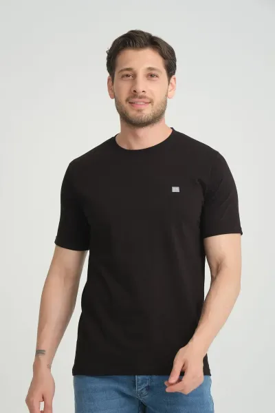 Erkek Siyah Bisiklet Yaka T-Shirt Rahat Kalıp Regular %100 Pamuk 2XL