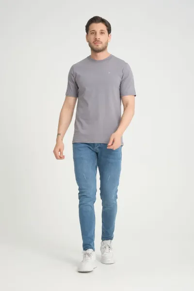 Erkek Gri Bisiklet Yaka T-Shirt Rahat Kalıp Regular %100 Pamuk
