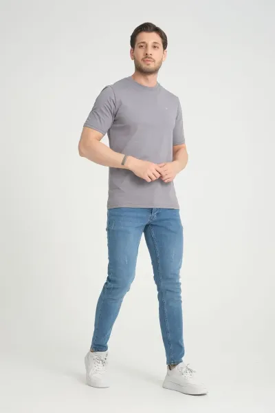 Erkek Gri Bisiklet Yaka T-Shirt Rahat Kalıp Regular %100 Pamuk