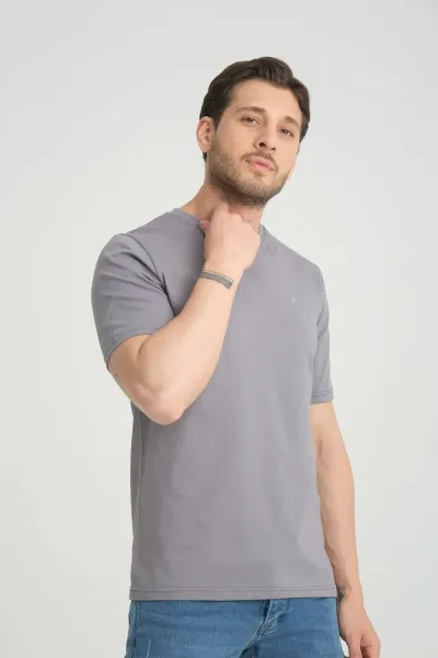 Erkek Gri Bisiklet Yaka T-Shirt Rahat Kalıp Regular %100 Pamuk