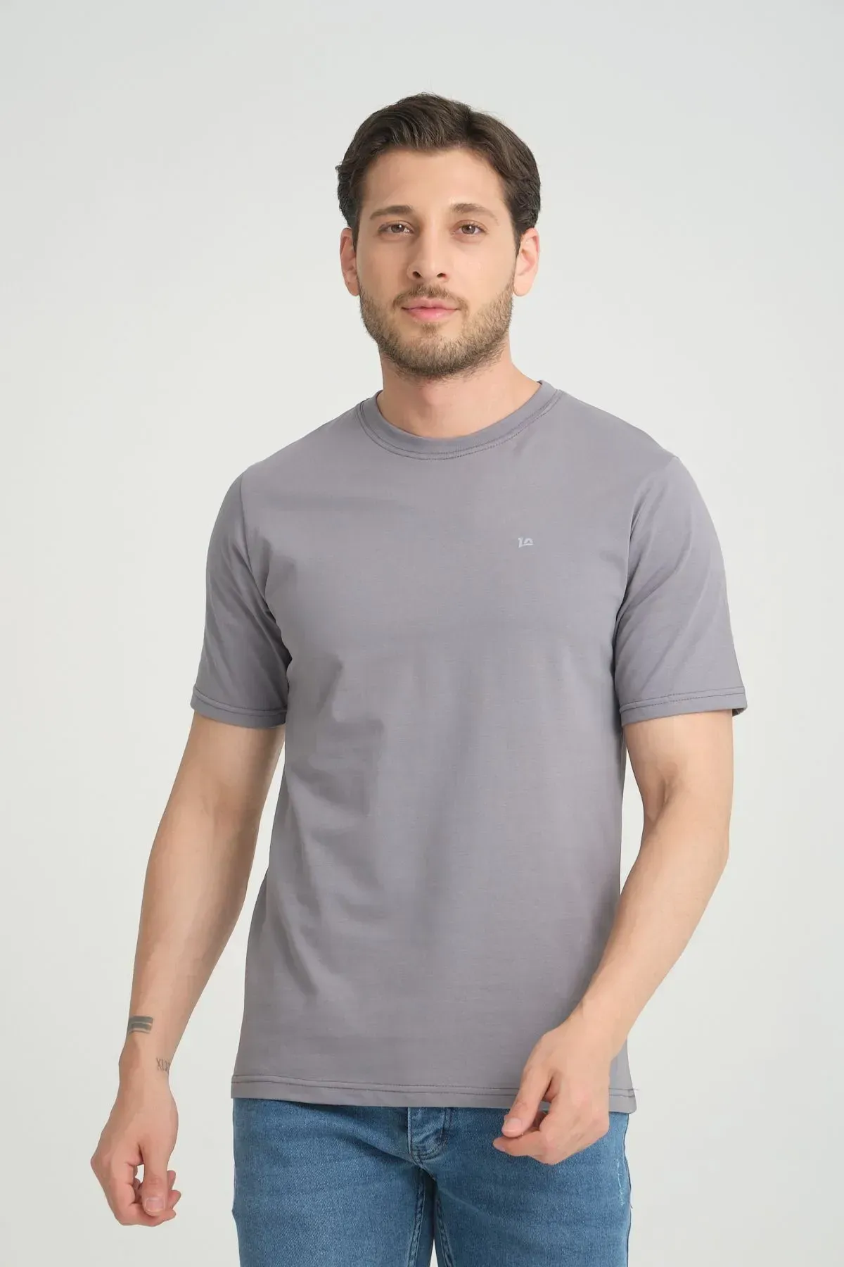 Erkek Gri Bisiklet Yaka T-Shirt Rahat Kalıp Regular %100 Pamuk