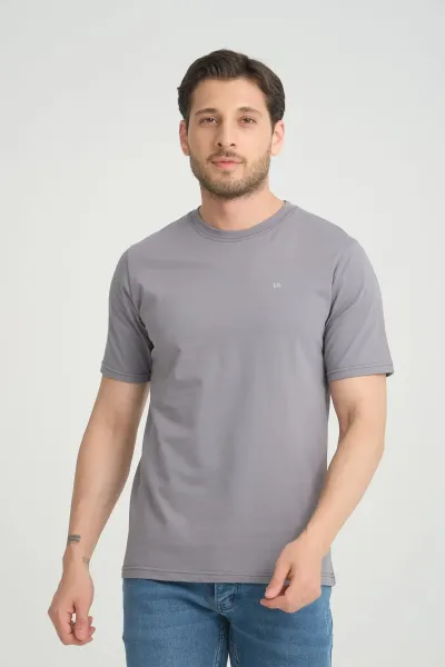 Erkek Gri Bisiklet Yaka T-Shirt Rahat Kalıp Regular %100 Pamuk