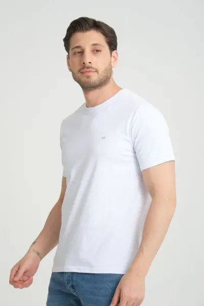 Erkek Beyaz Bisiklet Yaka T-Shirt Rahat Kalıp Regular %100 Pamuk