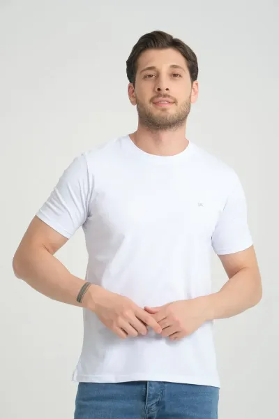 Erkek Beyaz Bisiklet Yaka T-Shirt Rahat Kalıp Regular %100 Pamuk