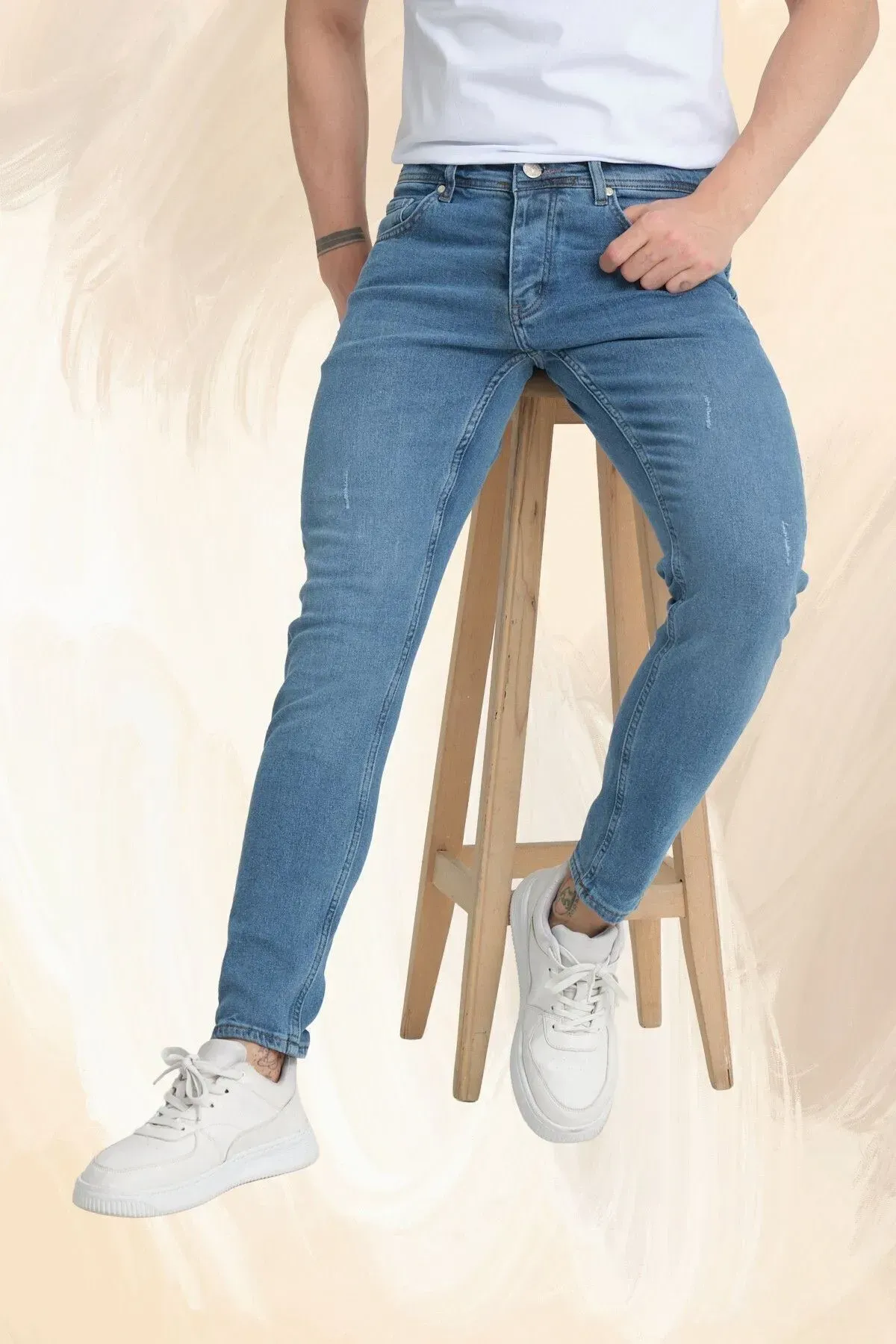 Erkek Skinny Fit Orta Mavi Destroy Skinny Fit Pantolon